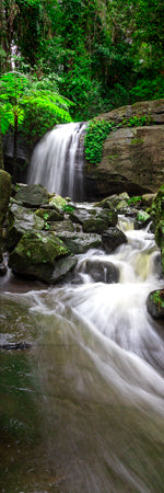 Waterfall at Buderim Falls, serenity falls Queensland Australia. Vertical panorama. Shaun Trainer photography. Purchase fine art landscape photography prints. Luxury Interior design ideas.