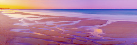 Beautiful Lavender hues as the sun sets over Dicky Beach with reflections in the tide pools. Sunshine Coast, Queensland Australia. Panoramic photograph, Shaun Trainer photography. Purchase fine art landscape photography prints. Luxury Interior design ideas.