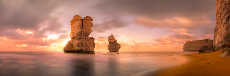 Sunrise gloden and lavender colors at the gibson steps. The twelve apostles, Great Ocean Road,  Victoria Australia. Panoramic photograph, Shaun Trainer photography. Purchase fine art landscape photography prints. Luxury Interior design ideas.