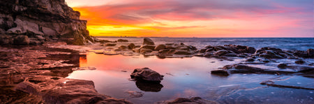 Beautiful colorful sunset at Moffat Head with reflections in the rock pool. Queensland Australia. Panoramic photograph. Shaun Trainer photography. Purchase fine art landscape photography prints. Luxury Interior design ideas.