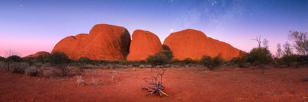 The sun sets and stars shine above at the red rocks of Kata Tjuta, Olgas, Northern Territory outback, Uluru. Australia. Panoramic photograph, Shaun Trainer photography. Purchase fine art landscape photography prints. Luxury Interior design ideas.