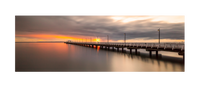 golden sunrise colors at shorncliffe pier, brisbane, Queensland, Australia. Panoramic photograph, Shaun Trainer photography. Purchase fine art landscape photography prints. Luxury Interior design ideas.