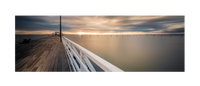 golden sunrise colors at shorncliffe pier, brisbane, Queensland, Australia. Panoramic photograph, Shaun Trainer photography. Purchase fine art landscape photography prints. Luxury Interior design ideas.