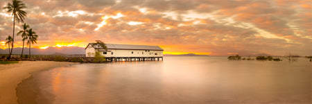 Beautiful sunset at the Old Sugar Wharf. Port Douglas, Queensland Australia. Panoramic photograph, Shaun Trainer photography. Purchase fine art landscape photography prints. Luxury Interior design ideas.