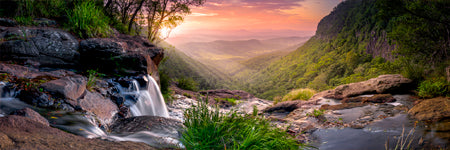 The gentle Morans falls over looking the Morans Creek gorge at sunset. Queensland, Australia. Panoramic photograph, Shaun Trainer photography. Purchase fine art landscape photography prints. Luxury Interior design ideas.