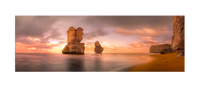 Sunrise gloden and lavender colors at the gibson steps. The twelve apostles, Great Ocean Road,  Victoria Australia. Panoramic photograph, Shaun Trainer photography. Purchase fine art landscape photography prints. Luxury Interior design ideas.