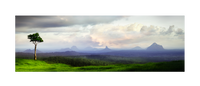 One Tree Hill  at maleny, Sunshine Coast Hinterland.  Sunset overlooking glasshouse mountains. Queensland, Australia. Panoramic photograph, Shaun Trainer photography. Purchase fine art landscape photography prints. Luxury Interior design ideas.